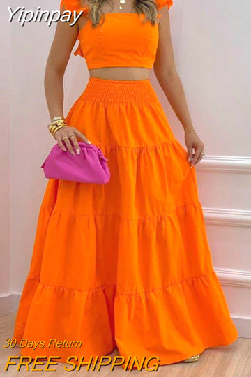 Yipinpay Female Hot Style Ruffled Suspenders Pleated Back Crop Top and Long Skirt Solid Color Two-piece Set Women 2023 Fashion